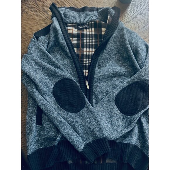 Yeokou Men's Plaid Lined Cardigan Sweater Elbow Patches Wool Cashmere Blend Sz M - Picture 1 of 11